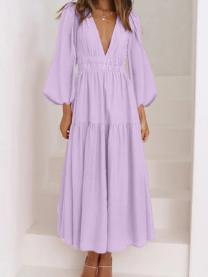 Deep V-Neck Balloon Sleeve Plain Maxi Dress-Teresa's Fashionista LLC