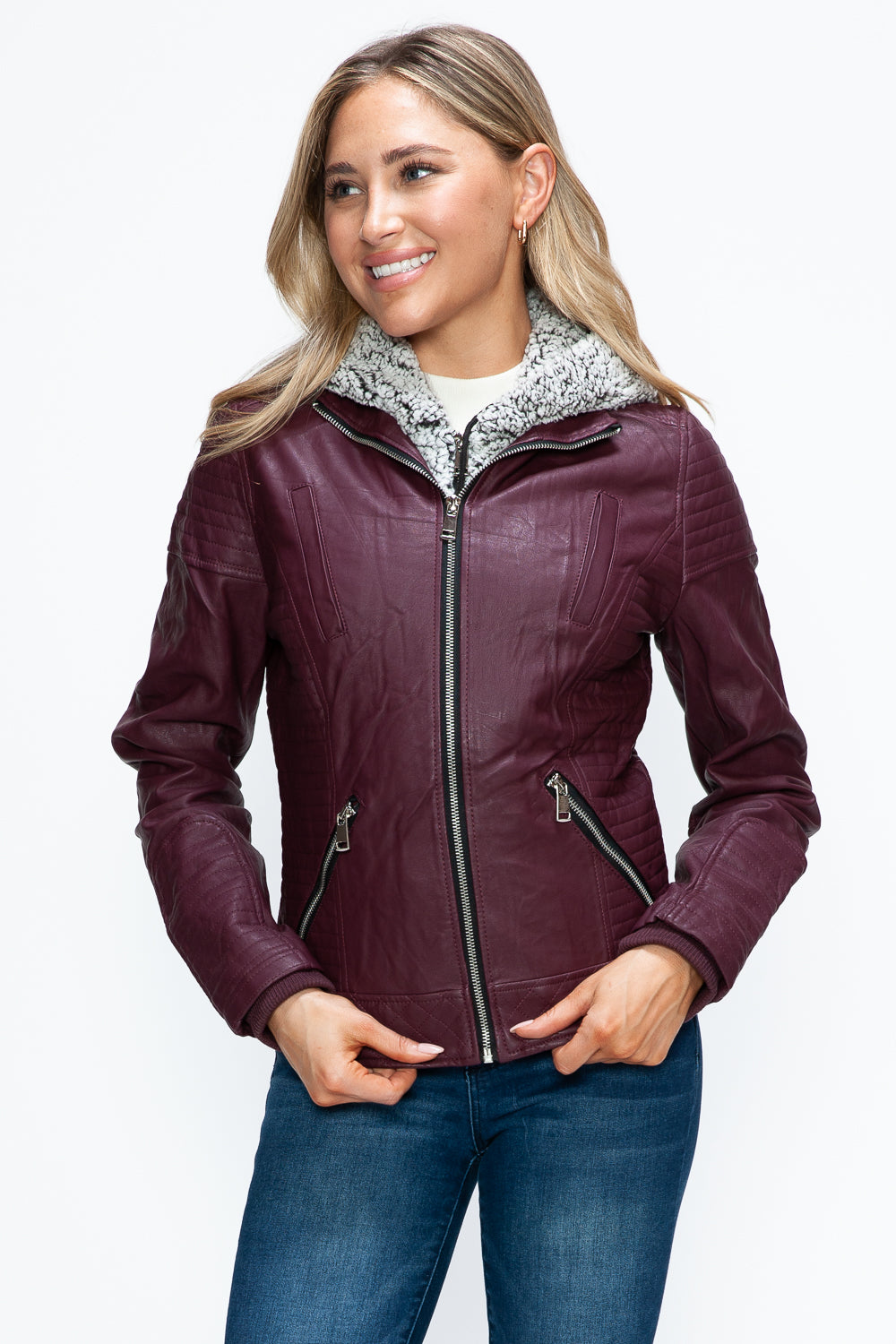 YMI Faux Layered Double-Zipper Jacket with Fuzzy Hood - Teresa's Fashionista LLC