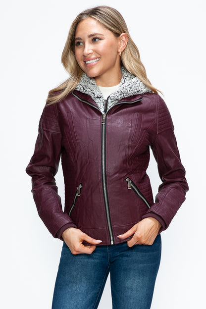 YMI Faux Layered Double-Zipper Jacket with Fuzzy Hood - Teresa's Fashionista LLC