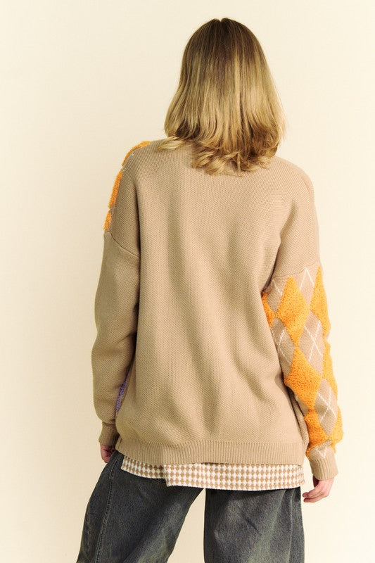 Davi & Dani Argyle V-Neck Dropped Shoulder Cardigan - Teresa's Fashionista LLC