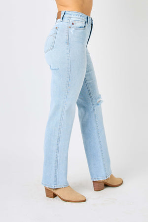 Judy Blue Full Size High Waist Distressed Straight Jeans-Teresa's Fashionista LLC