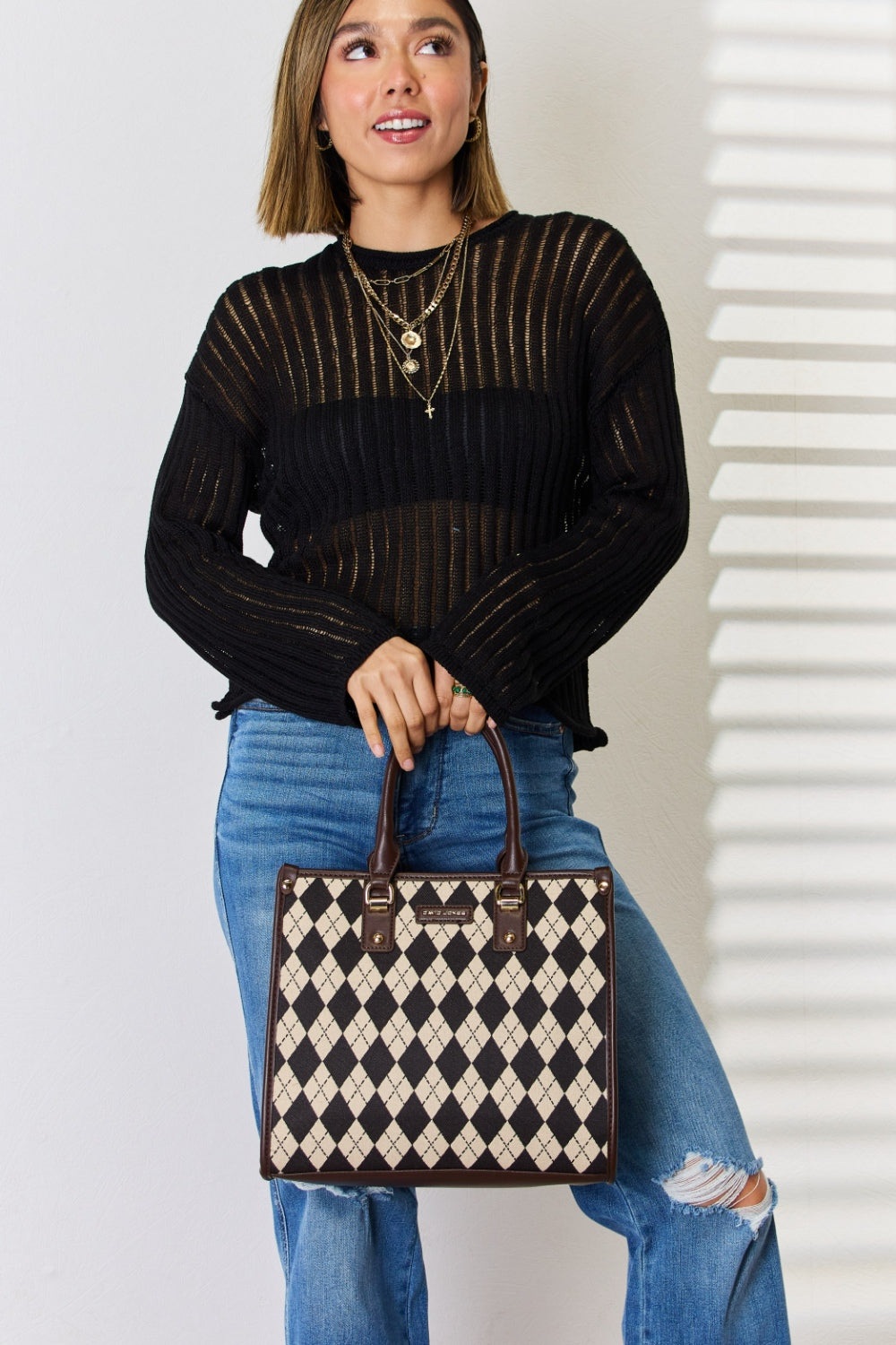 David Jones Argyle Pattern PU Leather Handbag-Teresa&#39;s Fashionista LLC