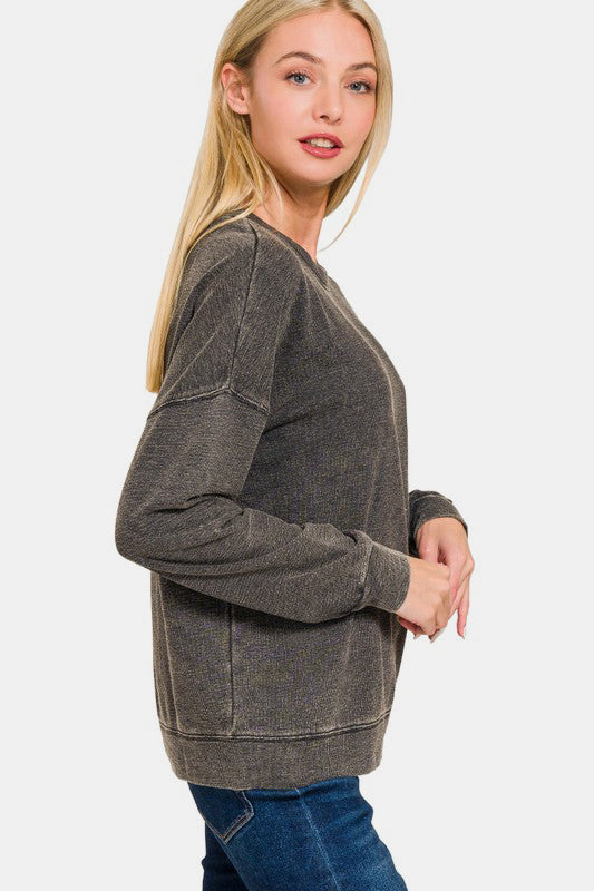 Zenana Washed Round Neck Dropped Shoulder Sweatshirt - Teresa's Fashionista LLC