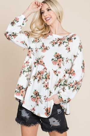 Super Lady Full Size Babydoll Floral Boat Neck Long Sleeve Blouse - Teresa's Fashionista LLC