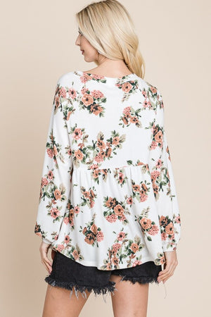 Super Lady Full Size Babydoll Floral Boat Neck Long Sleeve Blouse - Teresa's Fashionista LLC