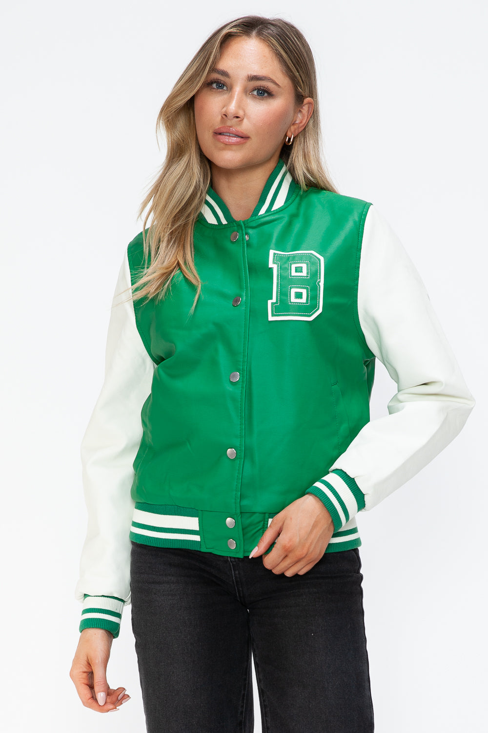Love Me Now PU Leather Contrast Snap Down Bomber Jacket - Teresa's Fashionista LLC