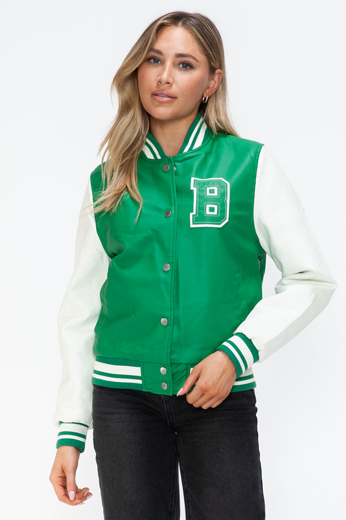 Love Me Now PU Leather Contrast Snap Down Bomber Jacket - Teresa's Fashionista LLC