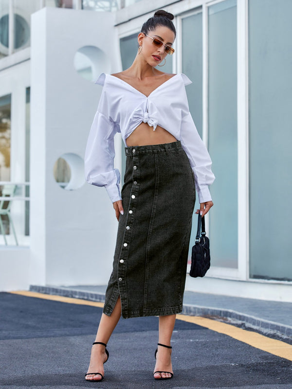 Button Down Denim Skirt-Teresa's Fashionista LLC