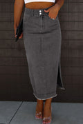 Raw Hem Slit Pocketed Midi Denim Skirt-Teresa's Fashionista LLC