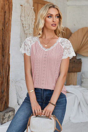 Eyelet V-Neck Lace Short Sleeve T-Shirt-Teresa's Fashionista LLC