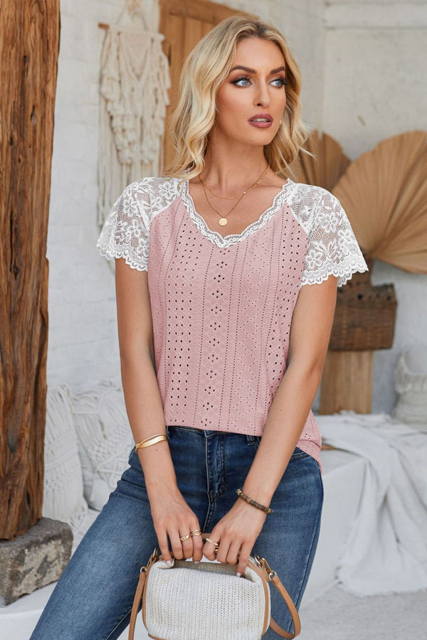Eyelet V-Neck Lace Short Sleeve T-Shirt-Teresa's Fashionista LLC