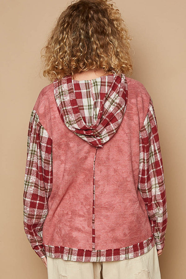 POL Star Patch Plaid Long Sleeve Hooded Top - Teresa's Fashionista LLC