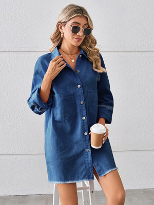 Raw Hem Button Up Denim Dress-Teresa's Fashionista LLC