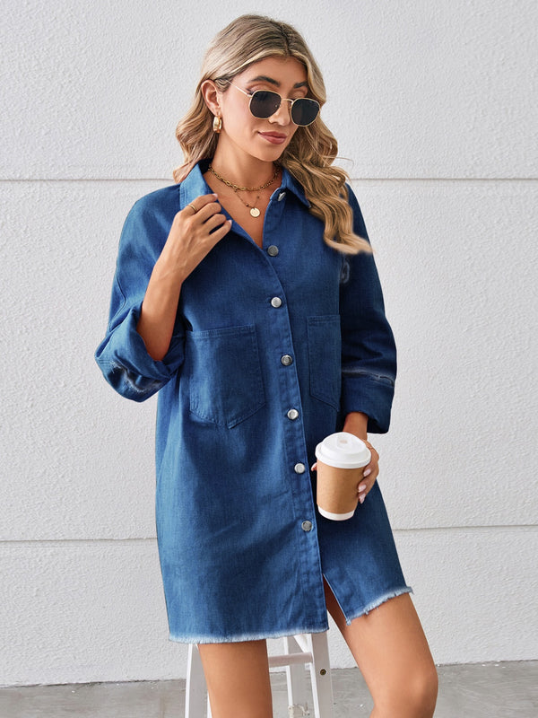 Raw Hem Button Up Denim Dress-Teresa's Fashionista LLC