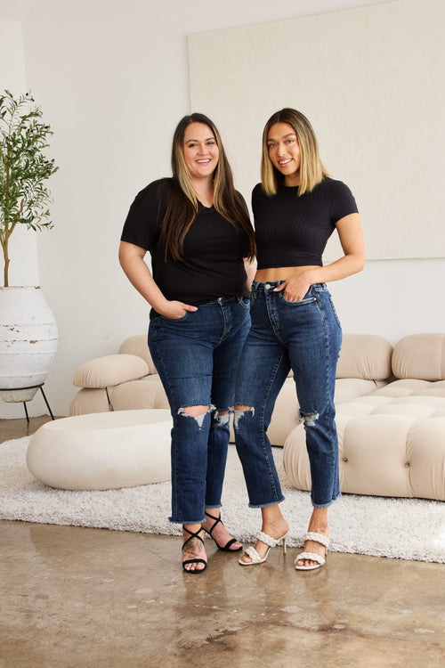 RFM Crop Dylan Full Size Tummy Control Distressed High Waist Raw Hem Jeans-Teresa's Fashionista LLC