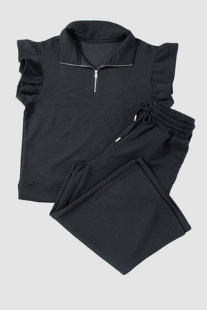 Ruffled Quarter Zip Top and Drawstring Pants Set-Teresa's Fashionista LLC