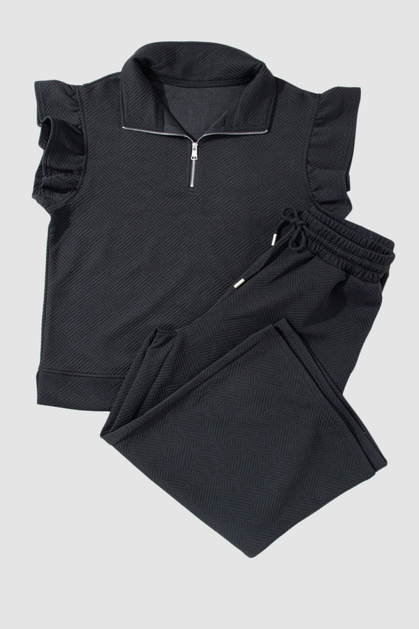 Ruffled Quarter Zip Top and Drawstring Pants Set-Teresa's Fashionista LLC