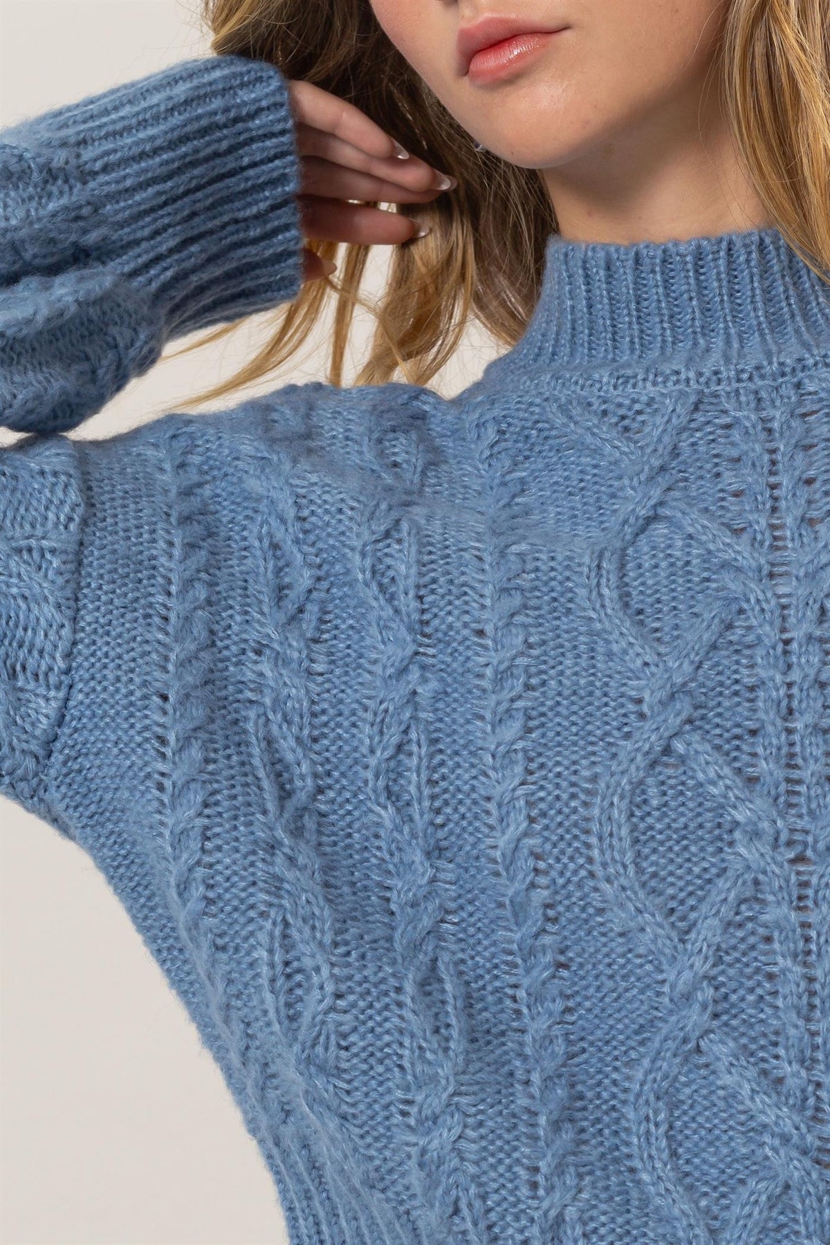 HYFVE Cable-Knit Mock Neck Dropped Shoulder Sweater - Teresa's Fashionista LLC