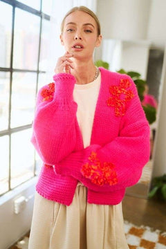 Davi & Dani Floral Applique Open Front Drop Shoulder Cardigan - Teresa's Fashionista LLC
