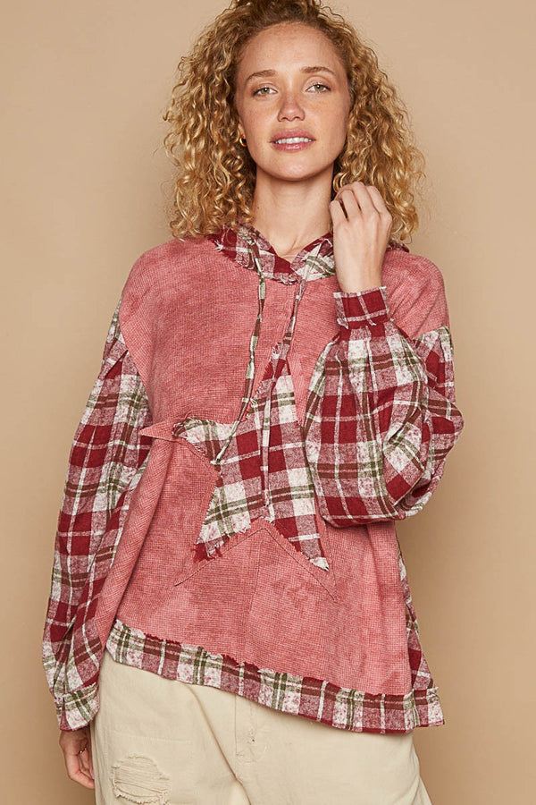 POL Star Patch Plaid Long Sleeve Hooded Top - Teresa's Fashionista LLC