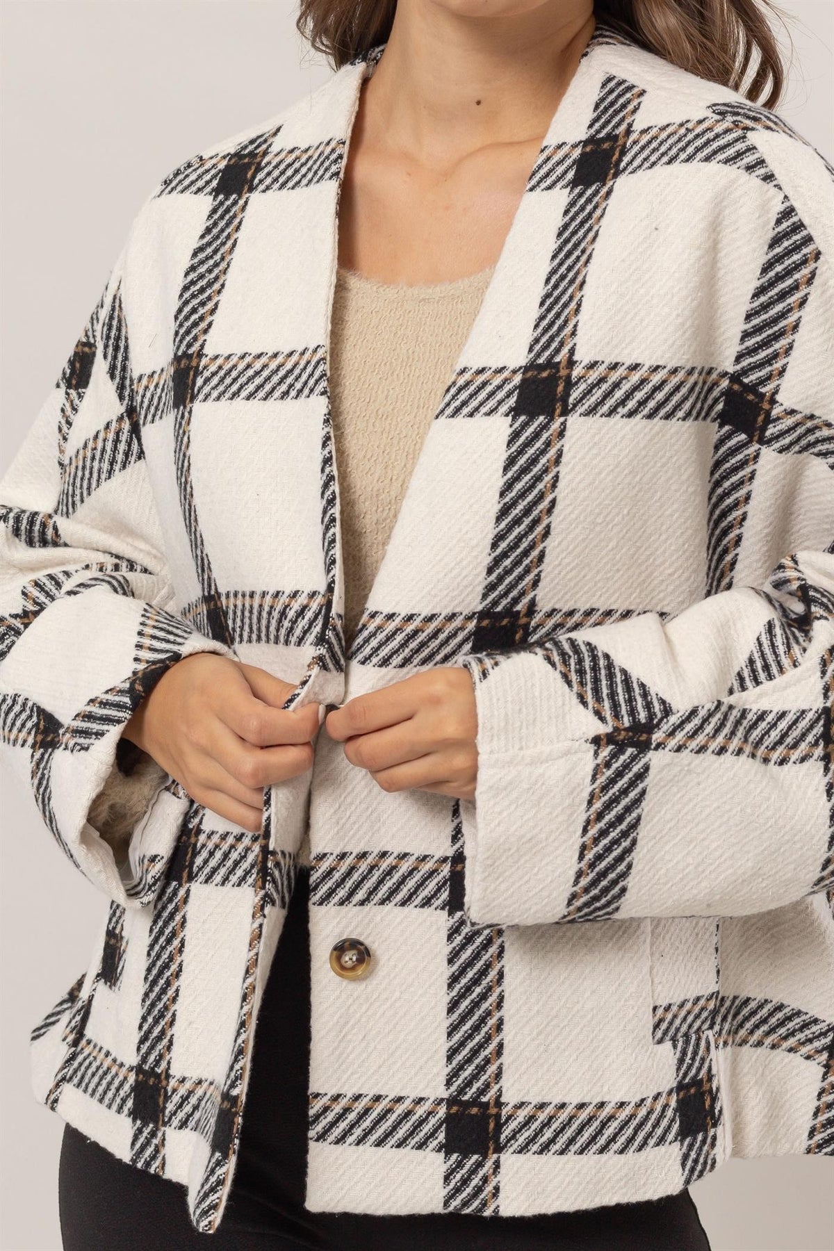 HYFVE Plaid Long Sleeve Jacket with Side Slit Pockets - Teresa's Fashionista LLC