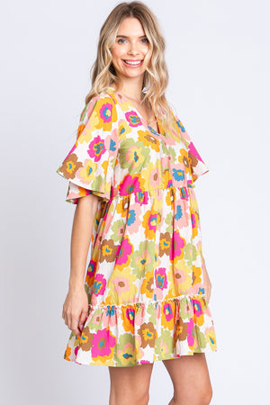 GeeGee Floral V-Neck Ruffle Hem Mini Dress-Teresa's Fashionista LLC