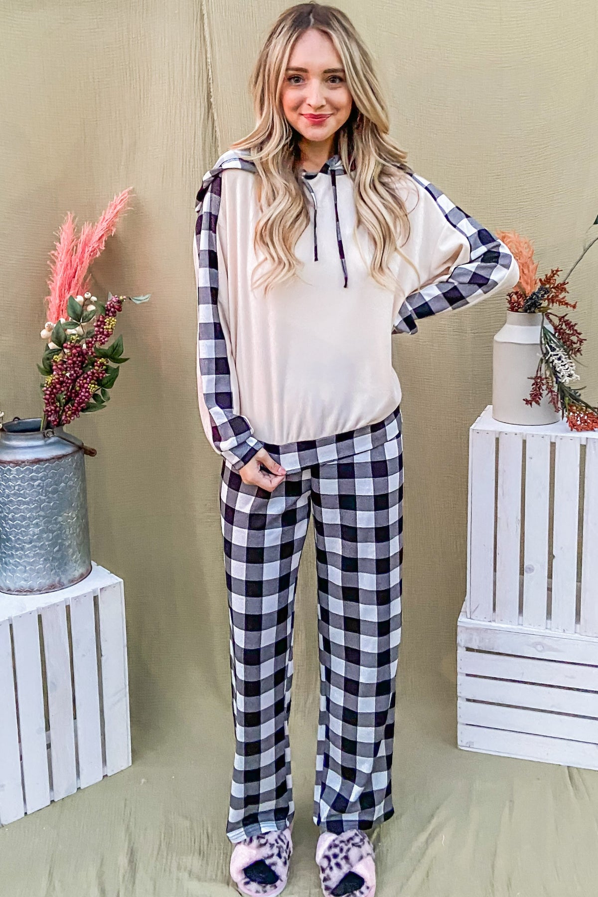 And The Why Drawstring Hooded Top and Plaid Pants Lounge Set - Teresa's Fashionista LLC