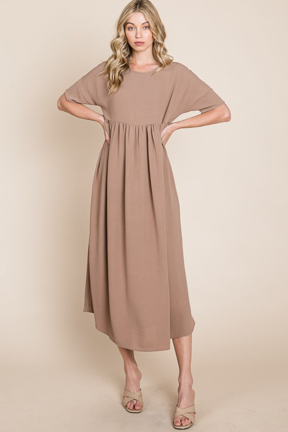 BOMBOM Round Neck Ruched Midi Dress-Teresa's Fashionista LLC