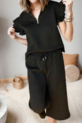 Ruffled Quarter Zip Top and Drawstring Pants Set-Teresa's Fashionista LLC