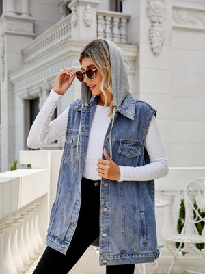 Drawstring Pocketed Button Up Sleeveless Denim Jacket-Teresa's Fashionista LLC