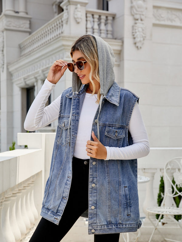 Drawstring Pocketed Button Up Sleeveless Denim Jacket-Teresa's Fashionista LLC