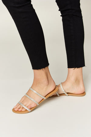 WILD DIVA Rhinestone Three-Strap Flat Sandals-Teresa's Fashionista LLC