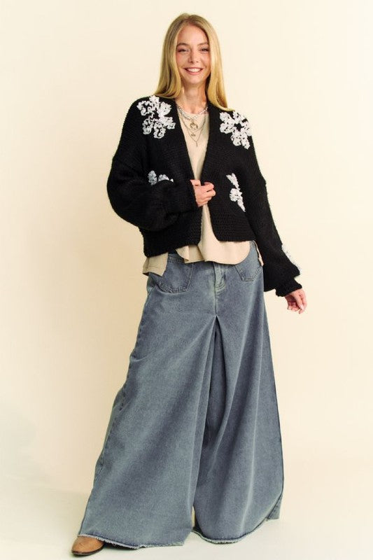 Davi & Dani Floral Applique Open Front Dropped Shoulder Cardigan - Teresa's Fashionista LLC