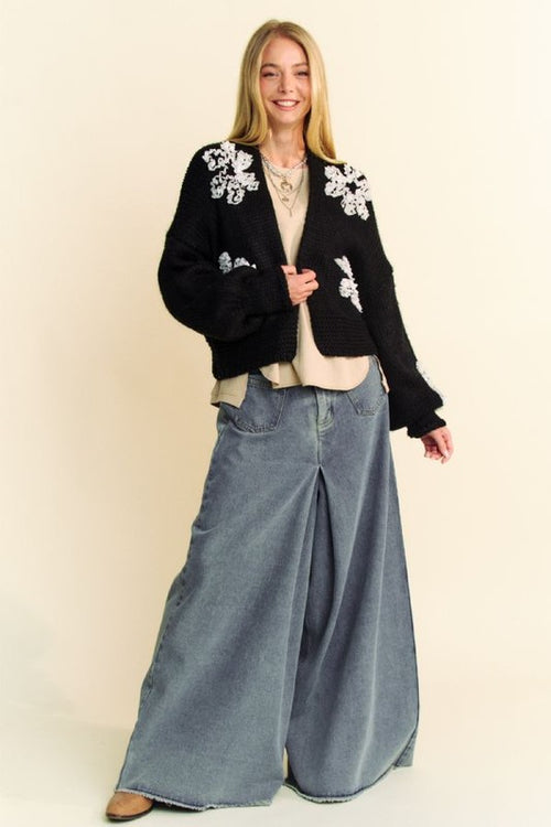 Davi & Dani Floral Applique Open Front Dropped Shoulder Cardigan - Teresa's Fashionista LLC