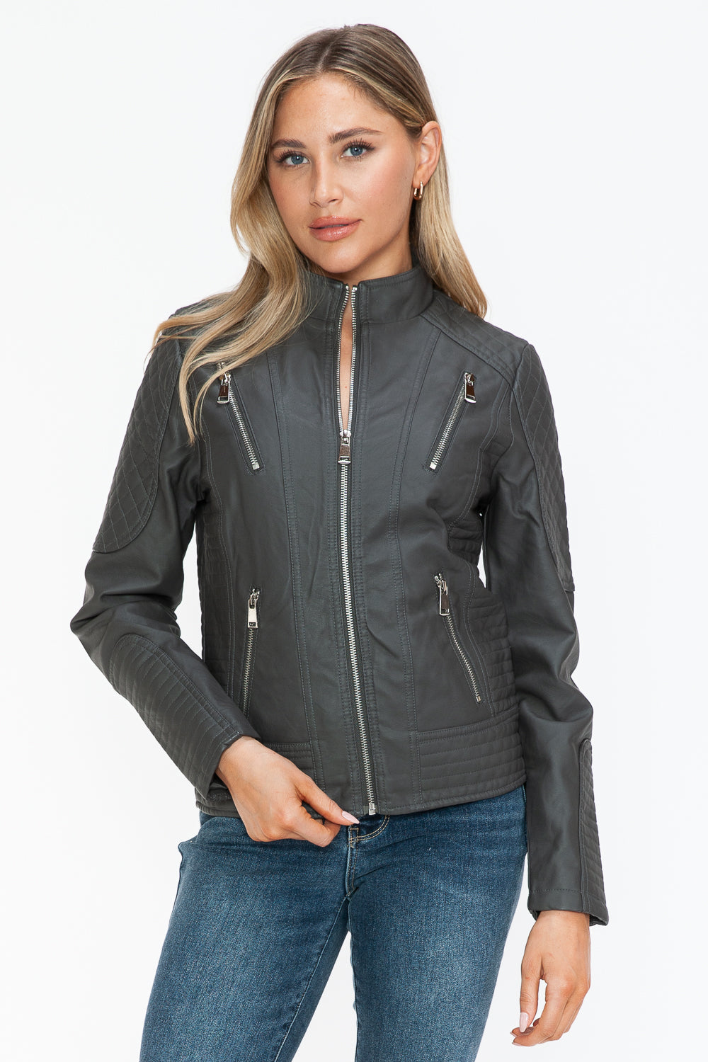 Snobbish Faux Leather Zip Up Mock Neck Jacket - Teresa's Fashionista LLC