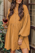 Button Up Lantern Sleeve Mini Shirt Dress-Teresa's Fashionista LLC