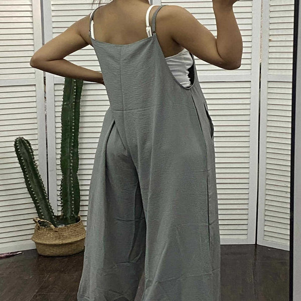 Women's Sleeveless Jumpsuit With Pockets And Adjustable Shoulder Strap Fashion Loose Wide Leg Straight Overalls Summer Beach Trousers - Teresa's Fashionista LLC