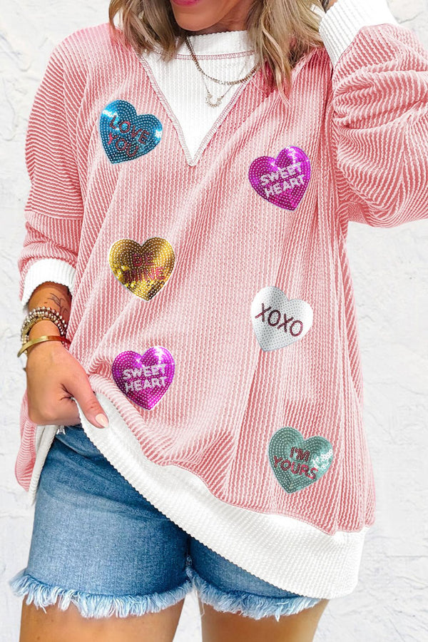 Valentine’s Day Sequin Heart Long Sleeve Sweatshirt - Teresa's Fashionista LLC