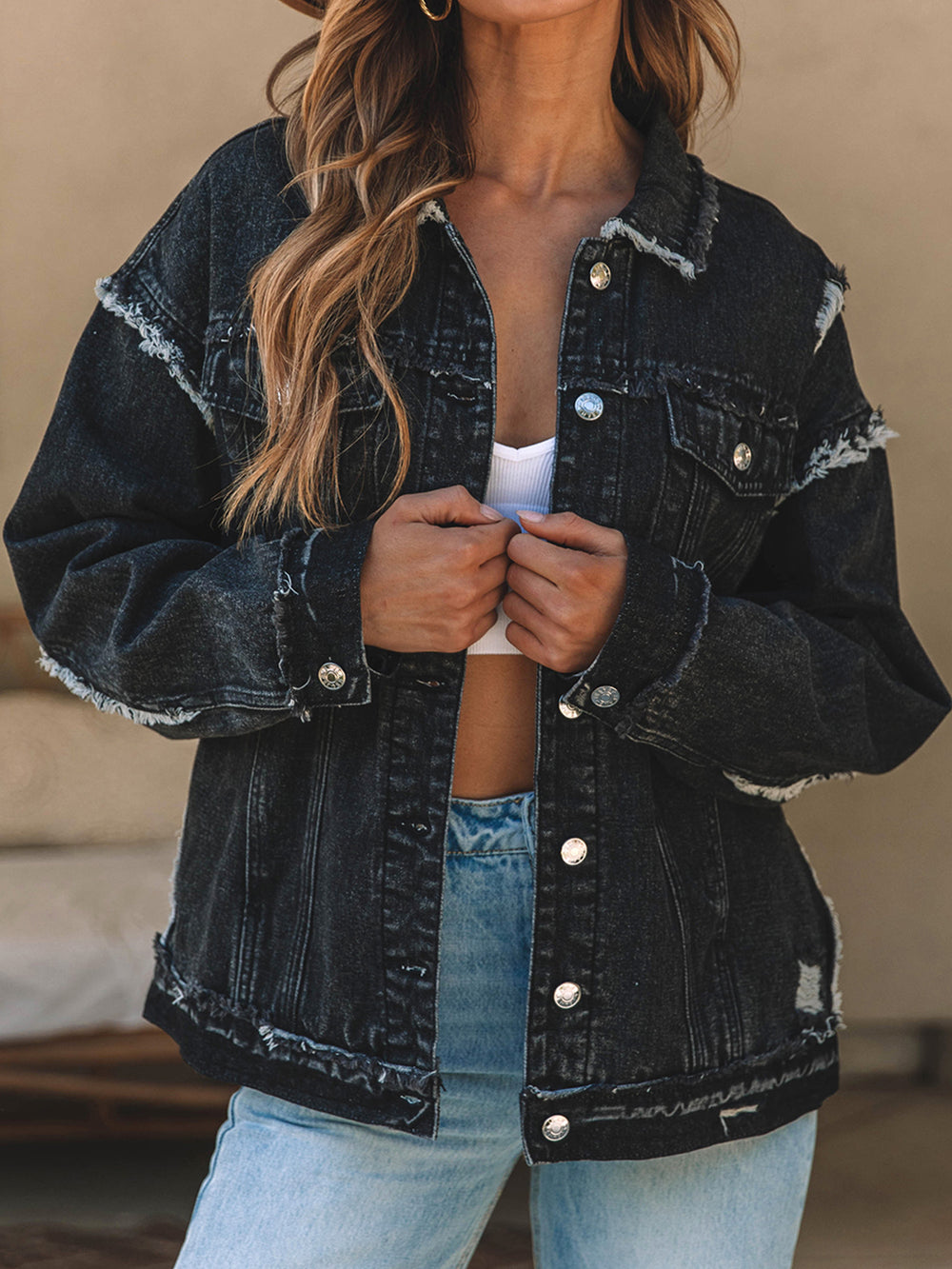 Button Up Raw Hem Distressed Denim Jacket-Teresa's Fashionista LLC