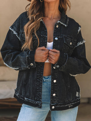 Button Up Raw Hem Distressed Denim Jacket-Teresa's Fashionista LLC