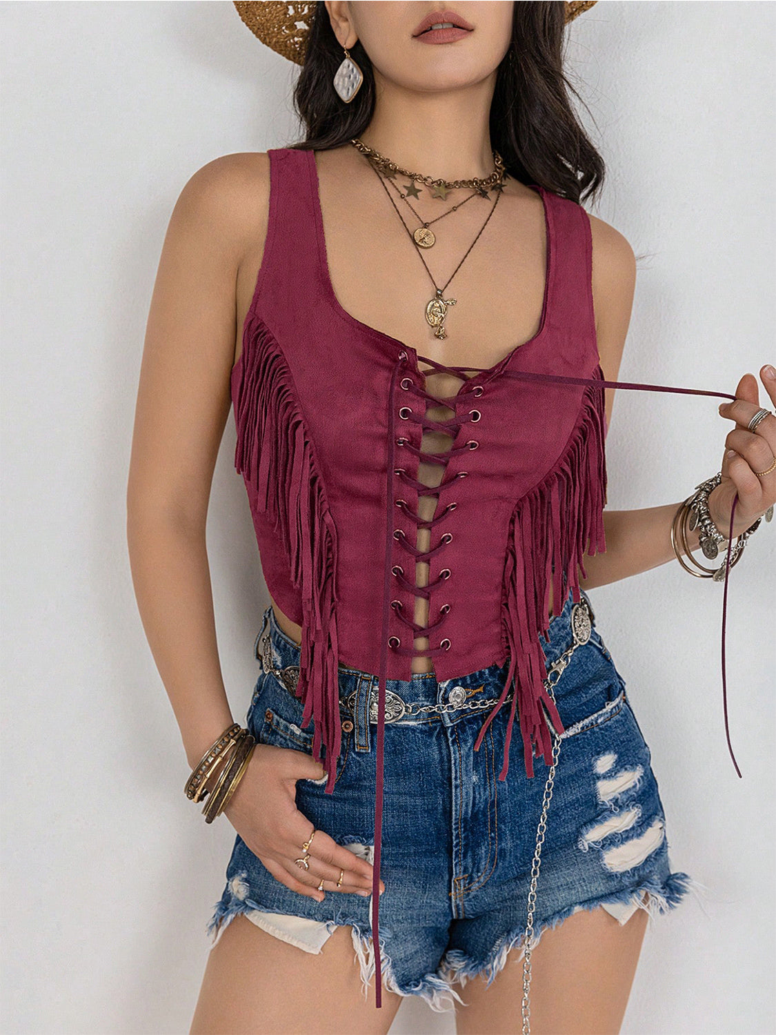 Fringe Lace-Up Vest-Teresa&#39;s Fashionista LLC