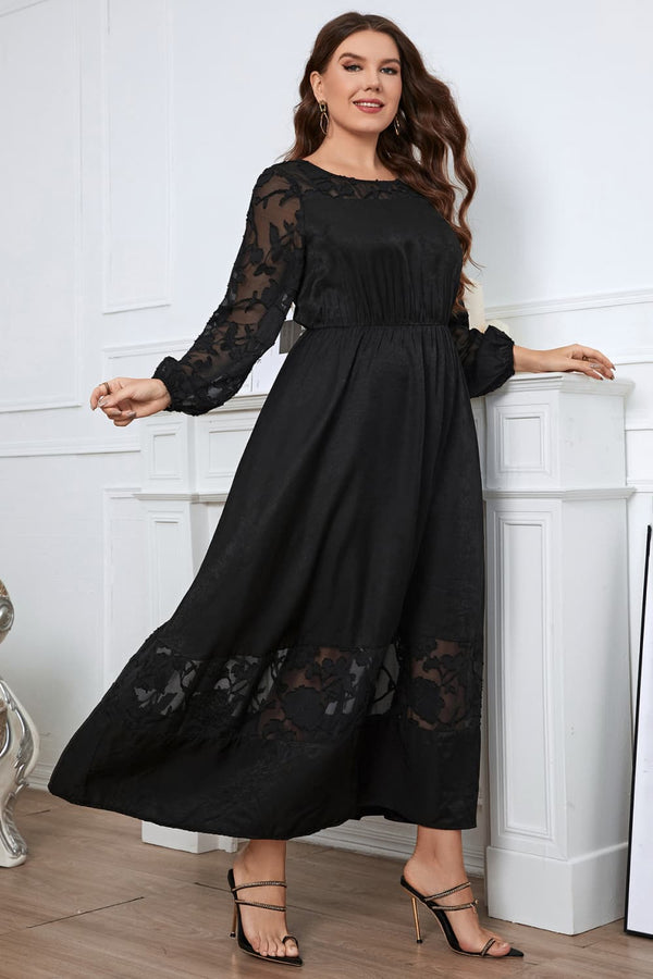 Melo Apparel Plus Size Embroidery Round Neck Long Sleeve Maxi Dress-Teresa's Fashionista LLC
