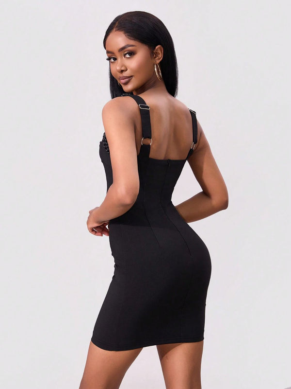 Bead Trim Wide Strap Wrap Dress - Teresa's Fashionista LLC