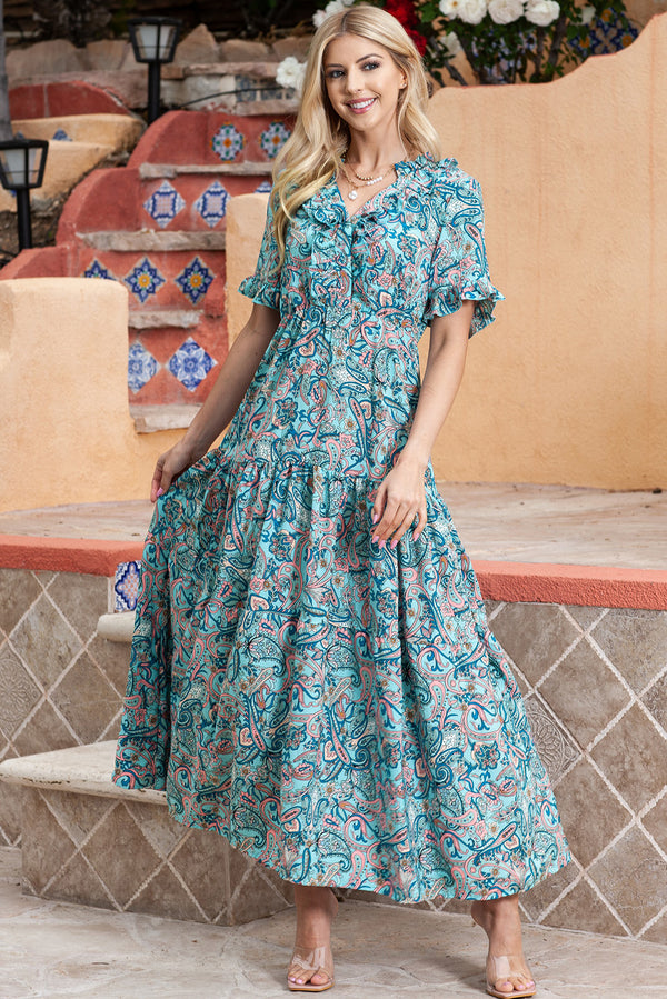 Paisley Print Flounce Sleeve Maxi Dress-Teresa's Fashionista LLC