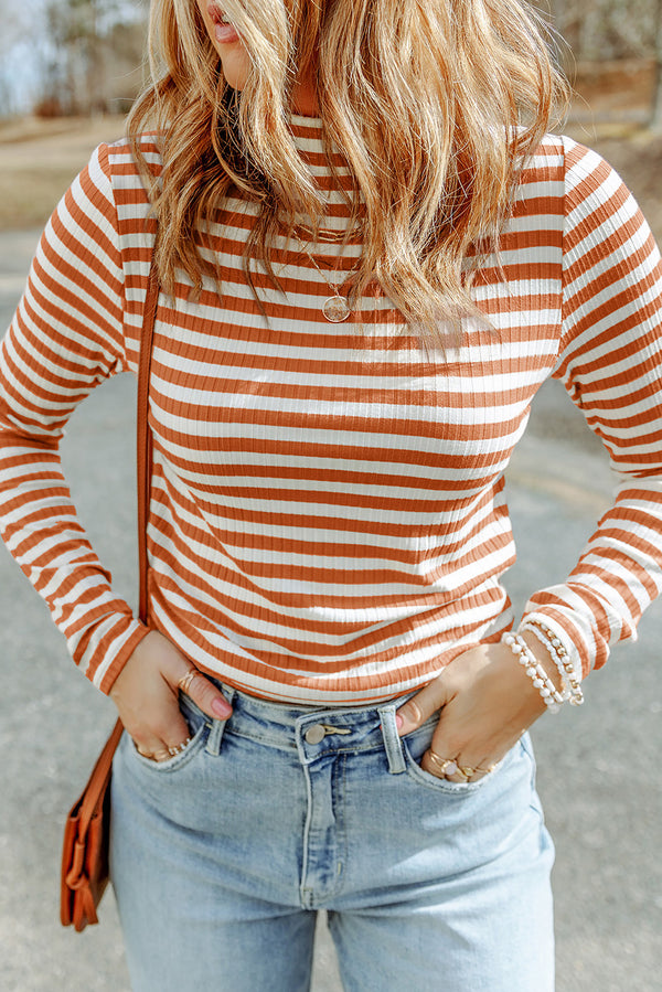 Striped Mock Neck Long Sleeve Top-Teresa's Fashionista LLC