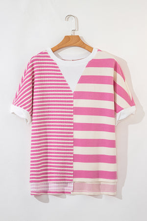 High-Low Striped Round Neck Short Sleeve T-Shirt - Teresa's Fashionista LLC