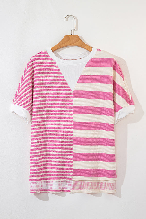 High-Low Striped Round Neck Short Sleeve T-Shirt - Teresa's Fashionista LLC