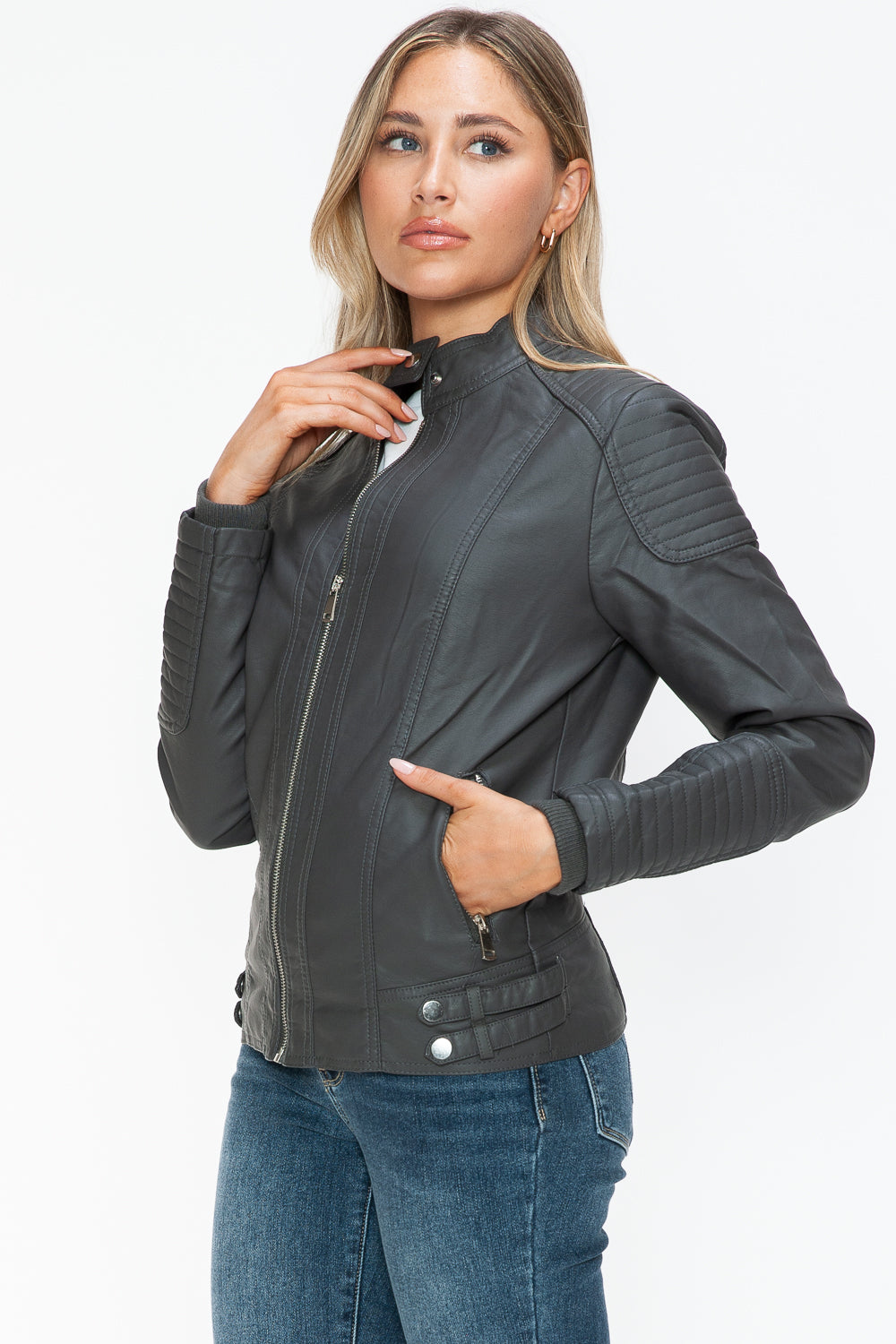 Snobbish Faux Leather Biker Jacket with Side Zip Pockets - Teresa's Fashionista LLC