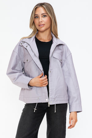 How Dare U Drawstring Hem PU Leather Zip Up Jacket - Teresa's Fashionista LLC