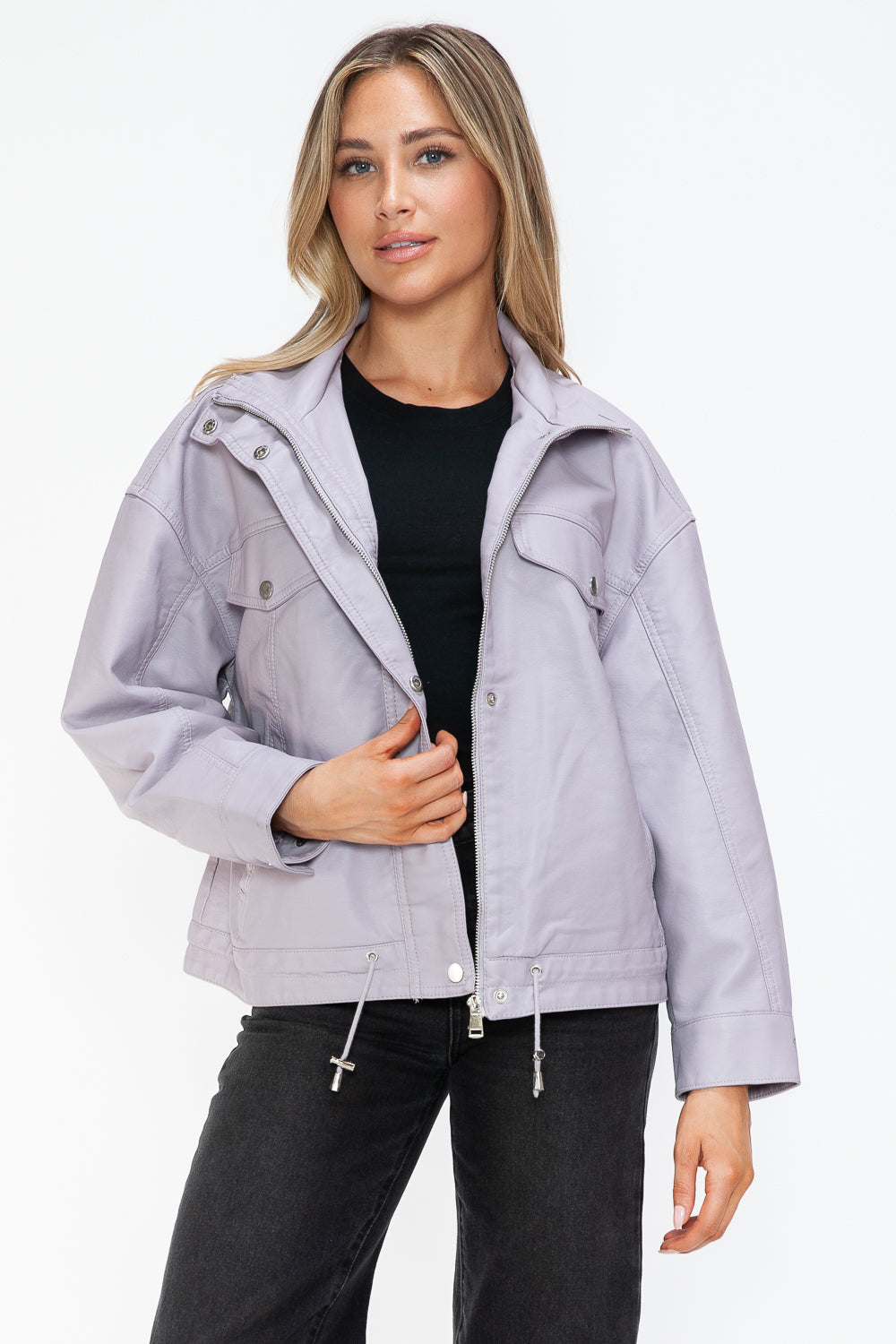 How Dare U Drawstring Hem PU Leather Zip Up Jacket - Teresa's Fashionista LLC
